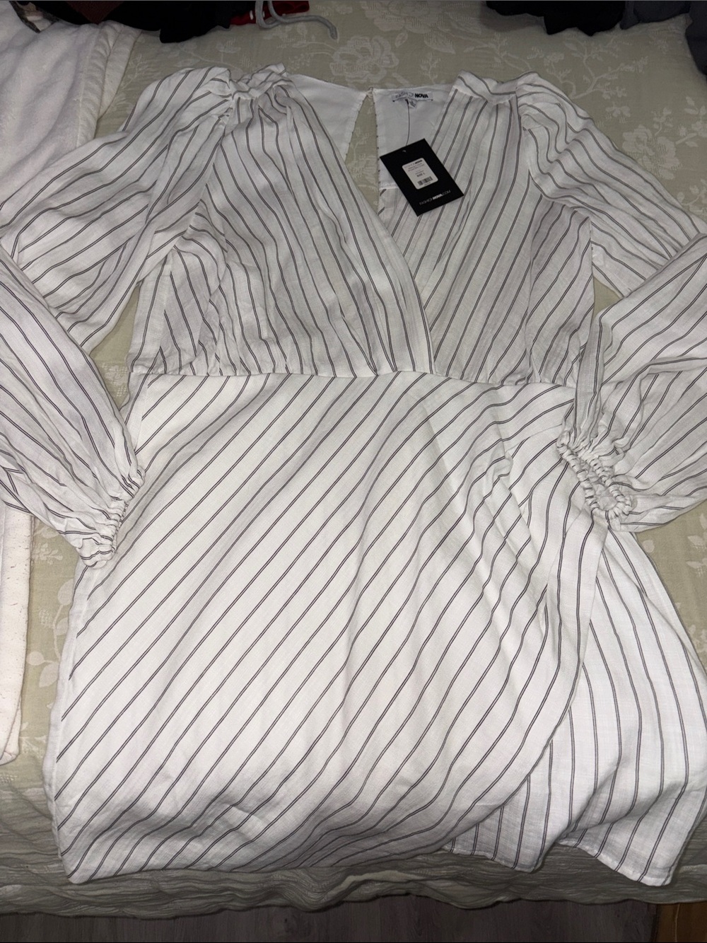 Fashion Nova White Long-Sleeve Striped Wrap Dress